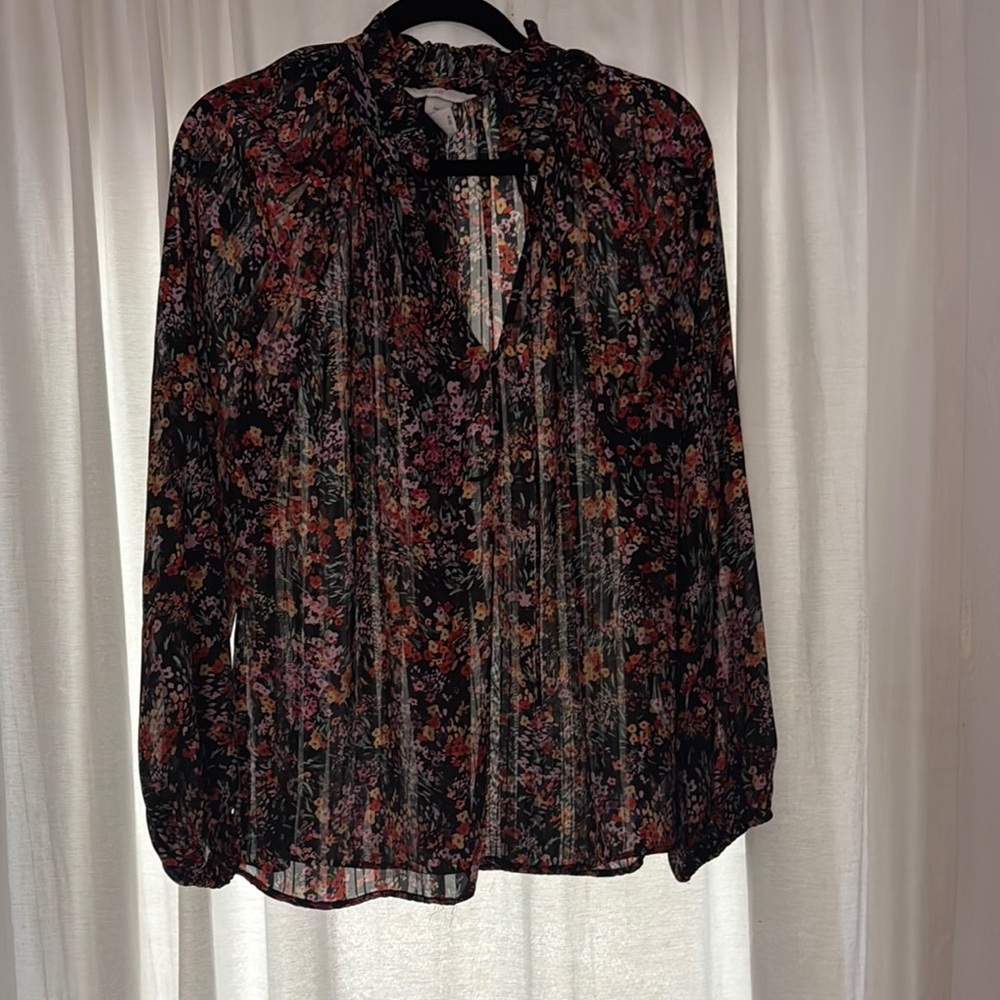 H&M Black and Red Tie Front Blouse with Mandarin Collar